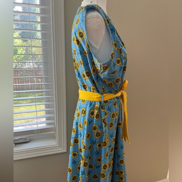[US10]Lindy Bop Stephanie Sunflower Bird Blue Mid Dress Waist Belt V Done - Picture 4 of 13
